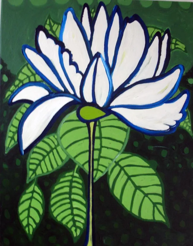 White lotus flower with bold blue outlines and mantis-green leaves on a woodsmoke background.