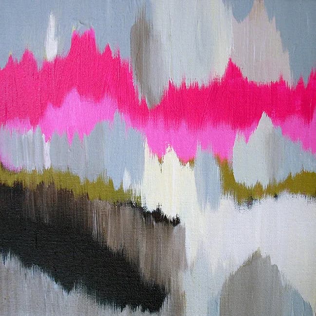 Abstract painting with layered cerise and orchid strokes over cool grays and earthy tones.