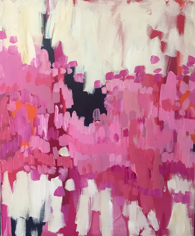 Abstract acrylic painting with hopbush pink, night shadz black, and satin linen white passages.