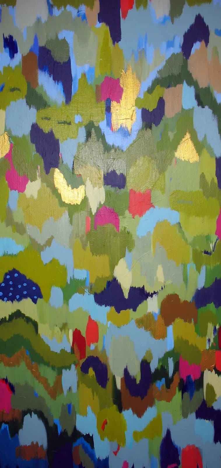 Abstract painting with layered, gestural marks in bright yellow, pink, blue, green, and dark tones.