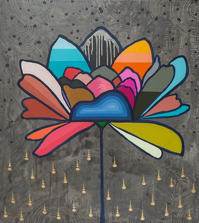 Stylized lotus flower with layered petals in bold colors and gold-beaded stem on textured gray wall.