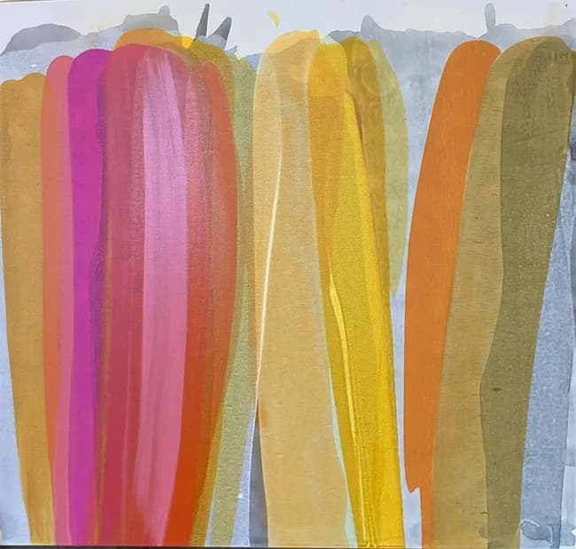 Abstract composition of vertical color fields in mulberry, yellow, and orange tones with a Boulder Flatirons silhouette above.