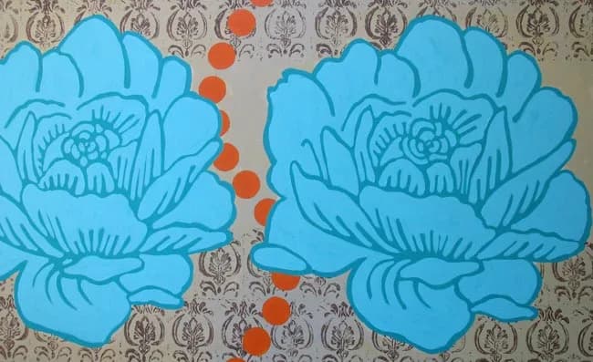 Two symmetrical blue peonies with ink line work against a floral-patterned gray background.