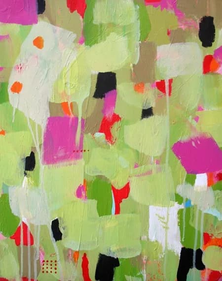 Abstract acrylic painting with layered geometric shapes in mulberry, coral reef, and kelp tones.