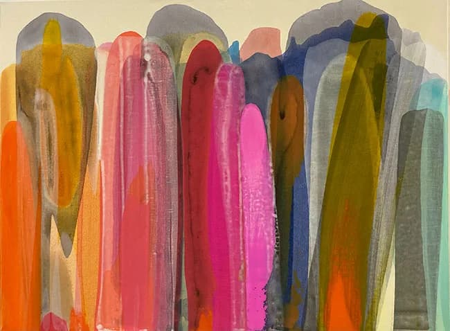 Abstract acrylic painting with arched vertical forms in hippie pink, mulberry, sage, and trout tones.