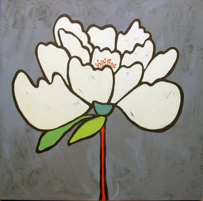 A large white flower with bold brown outline and red stem, rendered in acrylic with simplified petals and green leaves.