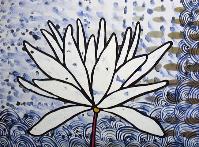 Abstract flower with black linear petals and blue-patterned background on paper.