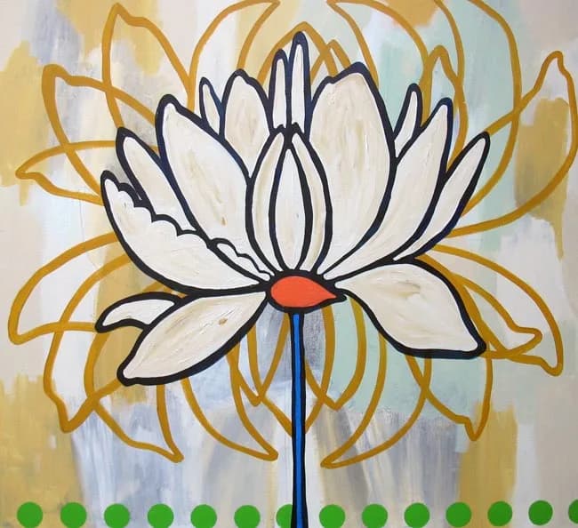 Stylized lotus flower with bold dark outline, white petals, and warm ochre background with green accents.