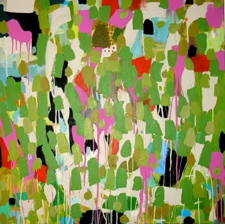 Abstract painting with layered gestural marks in vibrant greens, magenta, black, and cream.