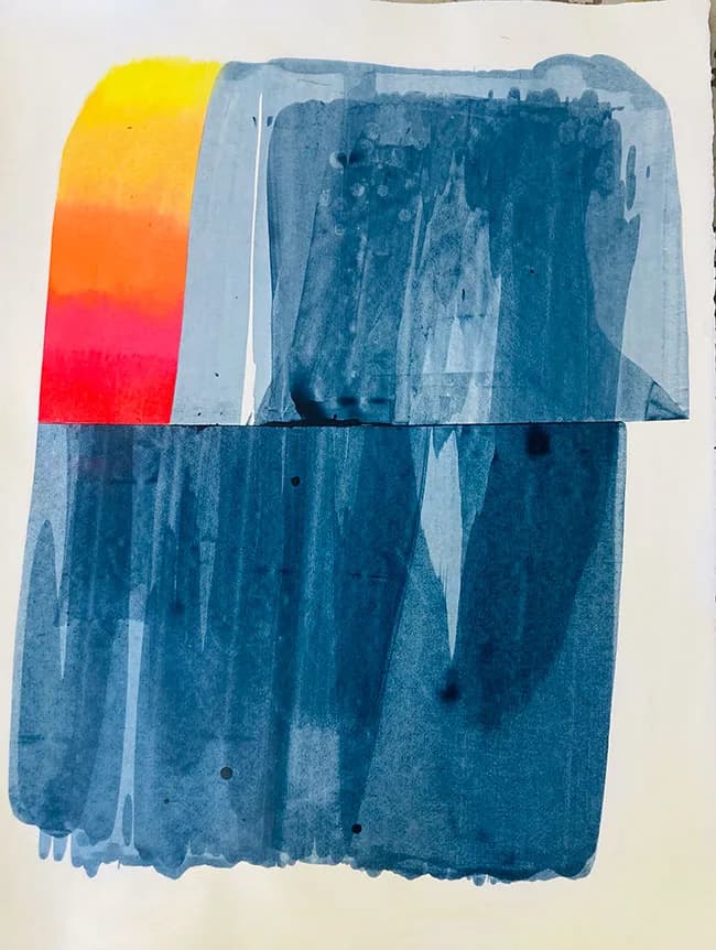 Abstract print composed of saffron-to-red gradient stripe and deep blue cyanotype-style forms on paper.