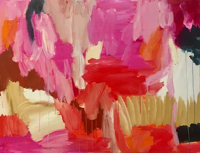 Abstract acrylic painting with bold gestural strokes in cranberry, pink, and red tones.
