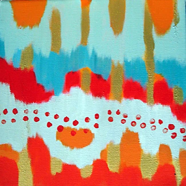 Abstract floral composition with red orange and turquoise brushwork and beaded details on light background.