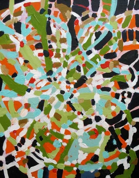 Abstract acrylic painting with layered geometric shapes in fern frond, orange roughy, cloud, and mine shaft tones.