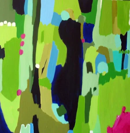 Abstract composition with vibrant lime, conifer, and hibiscus tones layered in organic geometric forms.