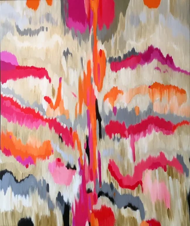 Abstract painting with gestural maroon, burning orange, and vanilla brushwork creating organic ikat-like forms.