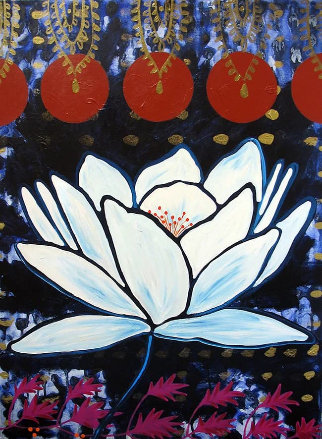White lotus flower with red orbs and gold accents against a deep blue background.