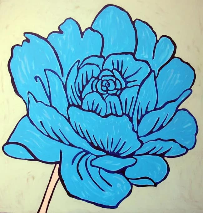 A full-petaled peony rendered in steel blue and navy ink on cream paper.