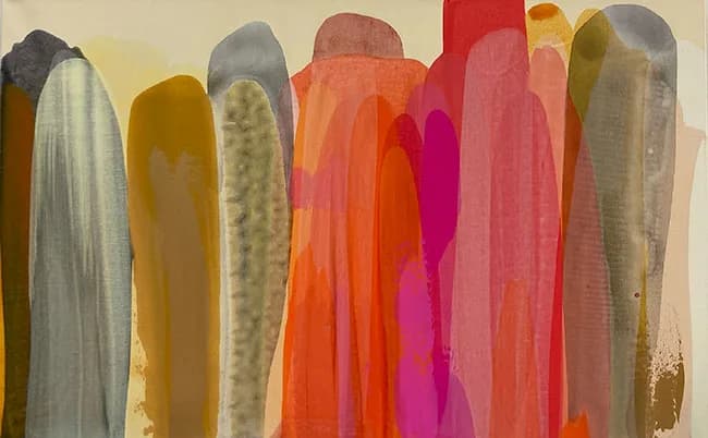Vertical strokes in warm reds, hibiscus tones, and crocodile brown create layered abstract composition.