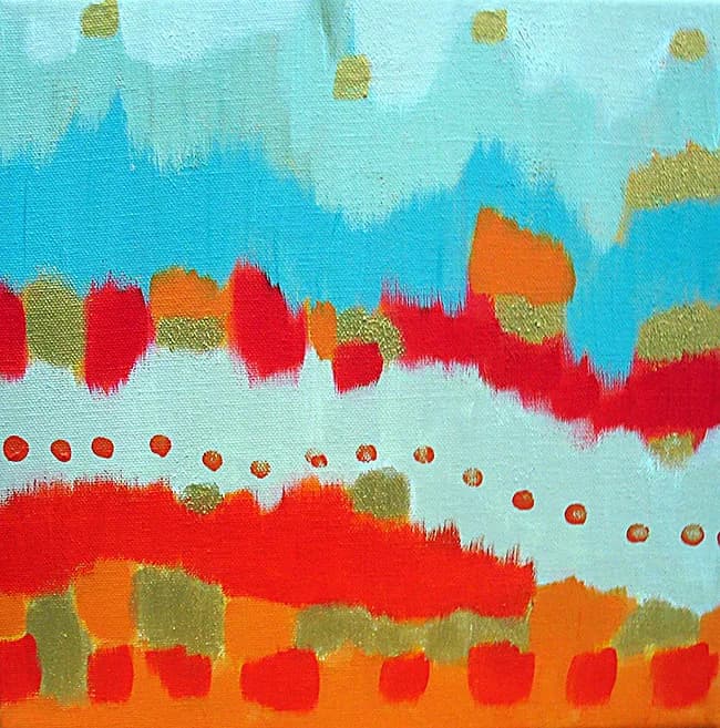 Abstract acrylic painting with pomegranate, bamboo, and aqua tones depicting organic gestural forms and metallic accents.