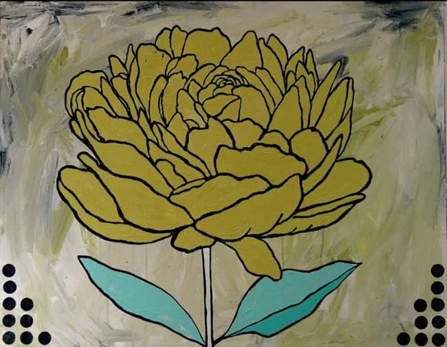 Yellow peony with kelp-green leaves outlined in black ink on soft sycamore and flax smoke ground.