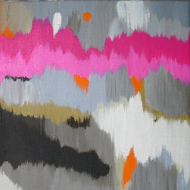 Abstract painting with bold horizontal bands of mulberry, gray, and orange acrylic paint.