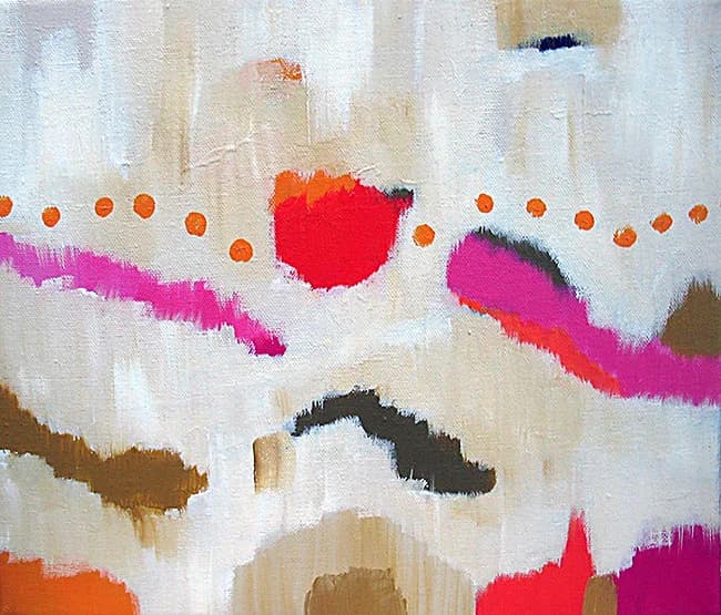 Abstract acrylic painting with gestural brushstrokes in red, magenta, and orange against a neutral ground.