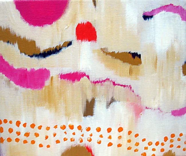 Abstract acrylic painting with gestural cerise and soft amber marks layered across a pale cream ground.