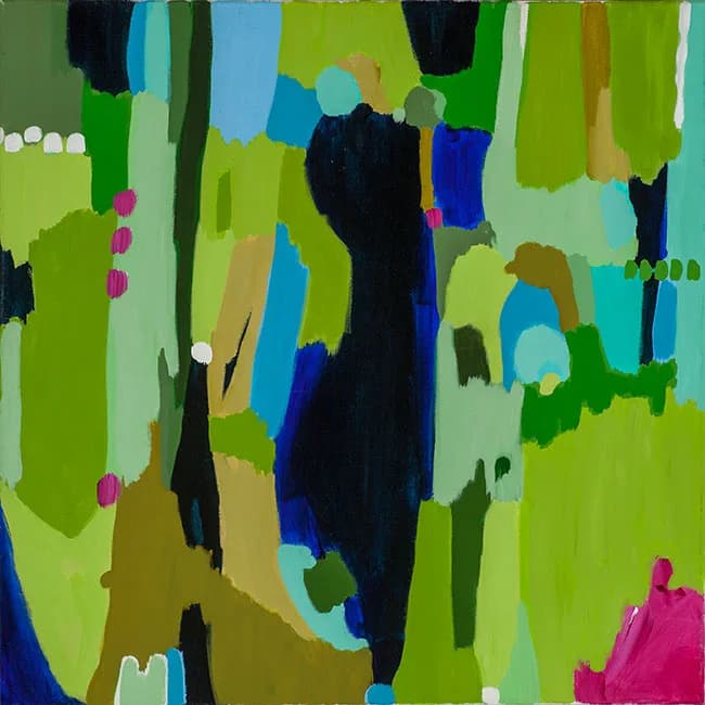Abstract acrylic painting with bold chartreuse, black, cyan, and hibiscus brushstrokes in layered composition.