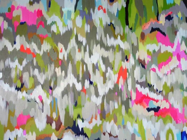 Abstract painting with hot pink, lime, and gray gestural marks on layered ground.