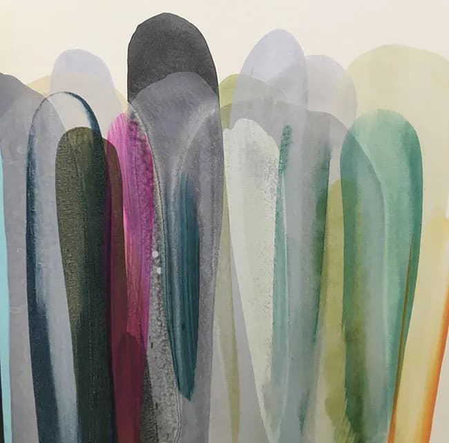 Layered abstract forms in pearl, pewter, cannon pink, and sage create translucent, organic shapes in acrylic.