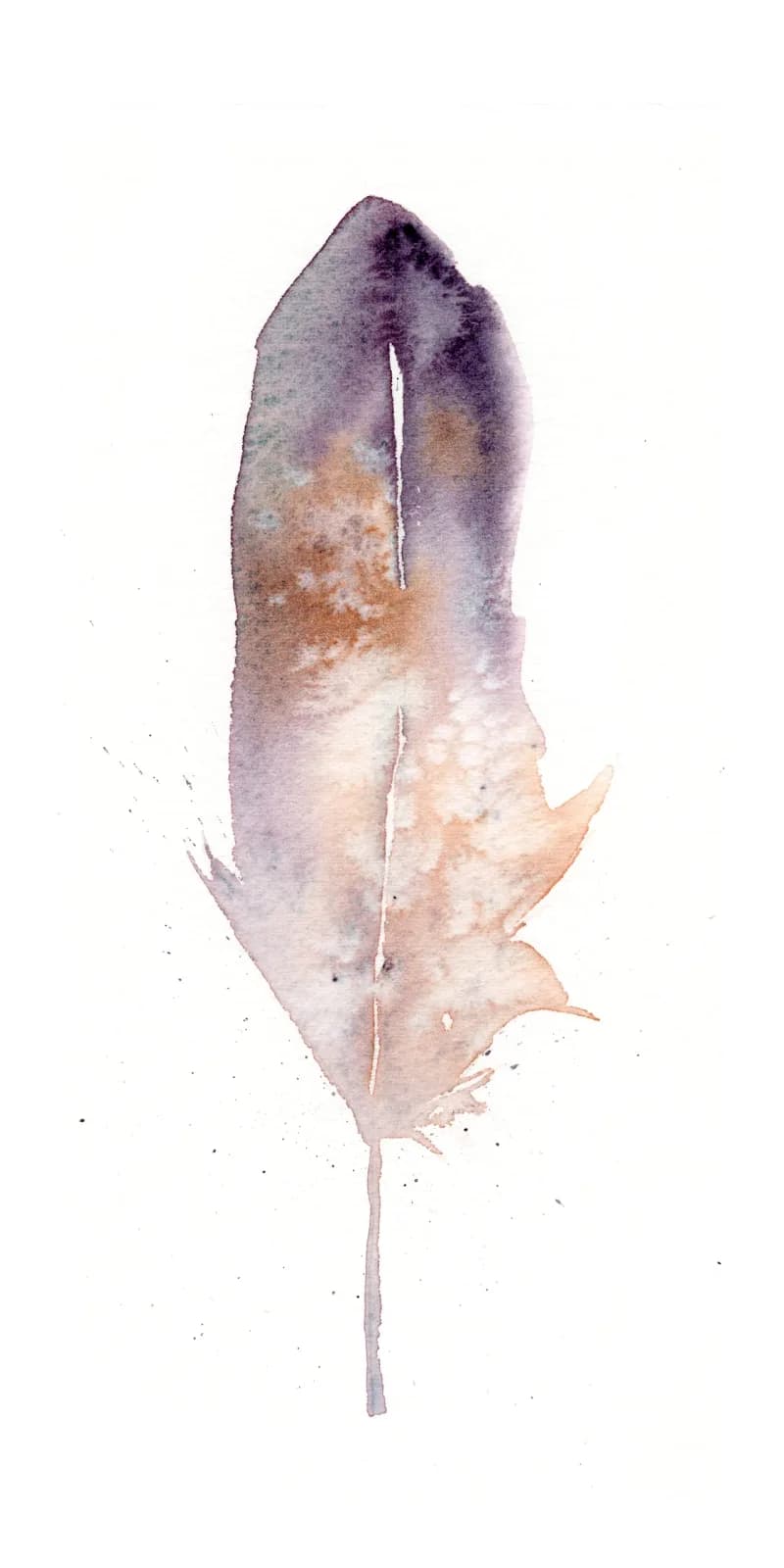 A single feather rendered in soft watercolor with voodoo purple, old lavender, and warm peachy tones.