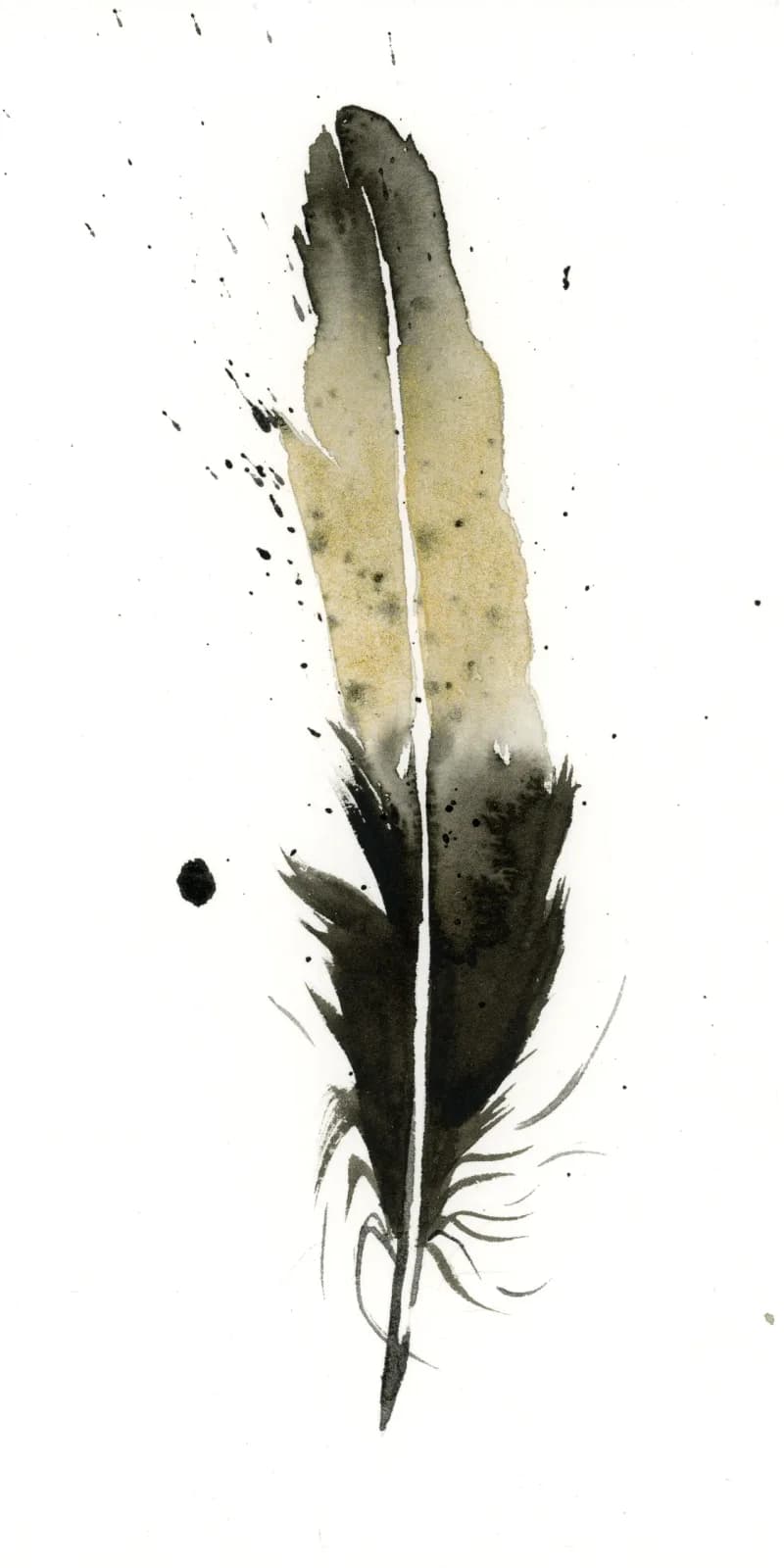A stylized feather rendered in ink and wash with organic splatter marks and muted earth tones.