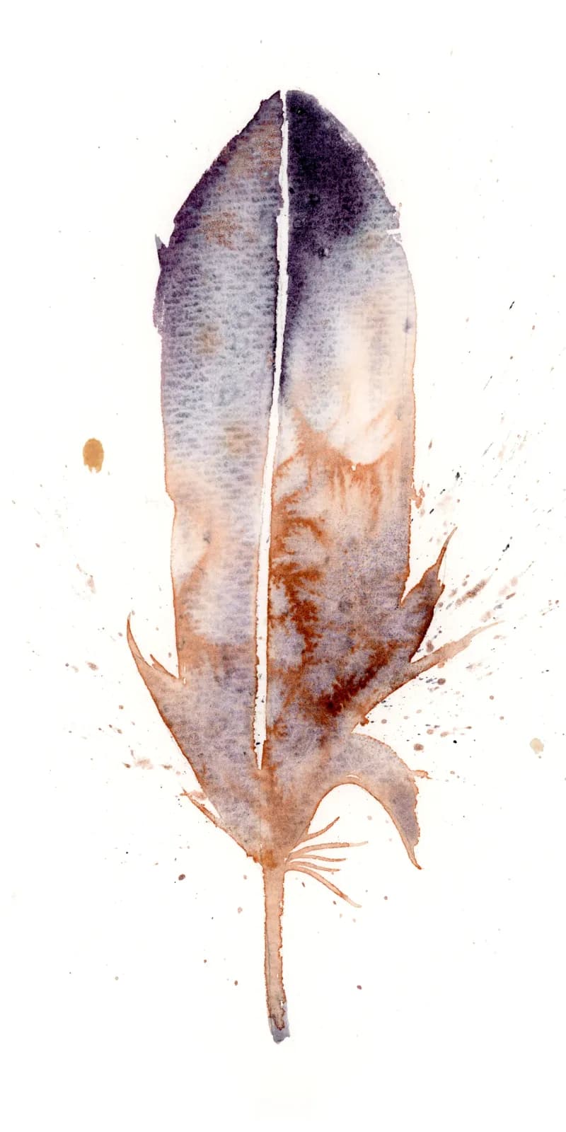 A single feather rendered in watercolor with eggplant, tan, and pale slate tones.