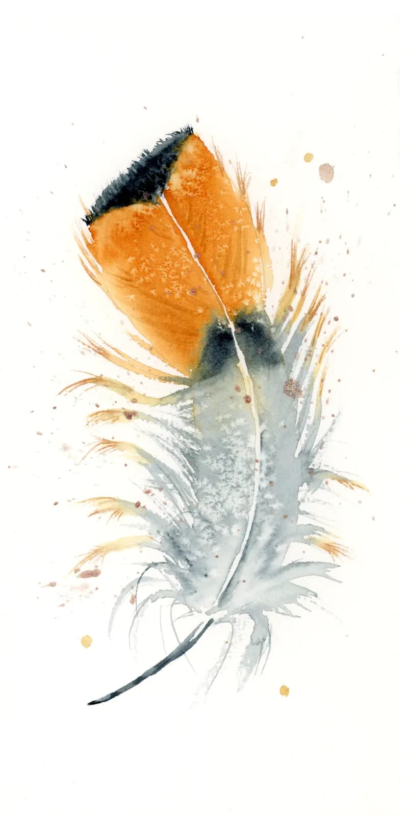 Orange bloom rendered in loose watercolor strokes with gray-green foliage and splattered accents.
