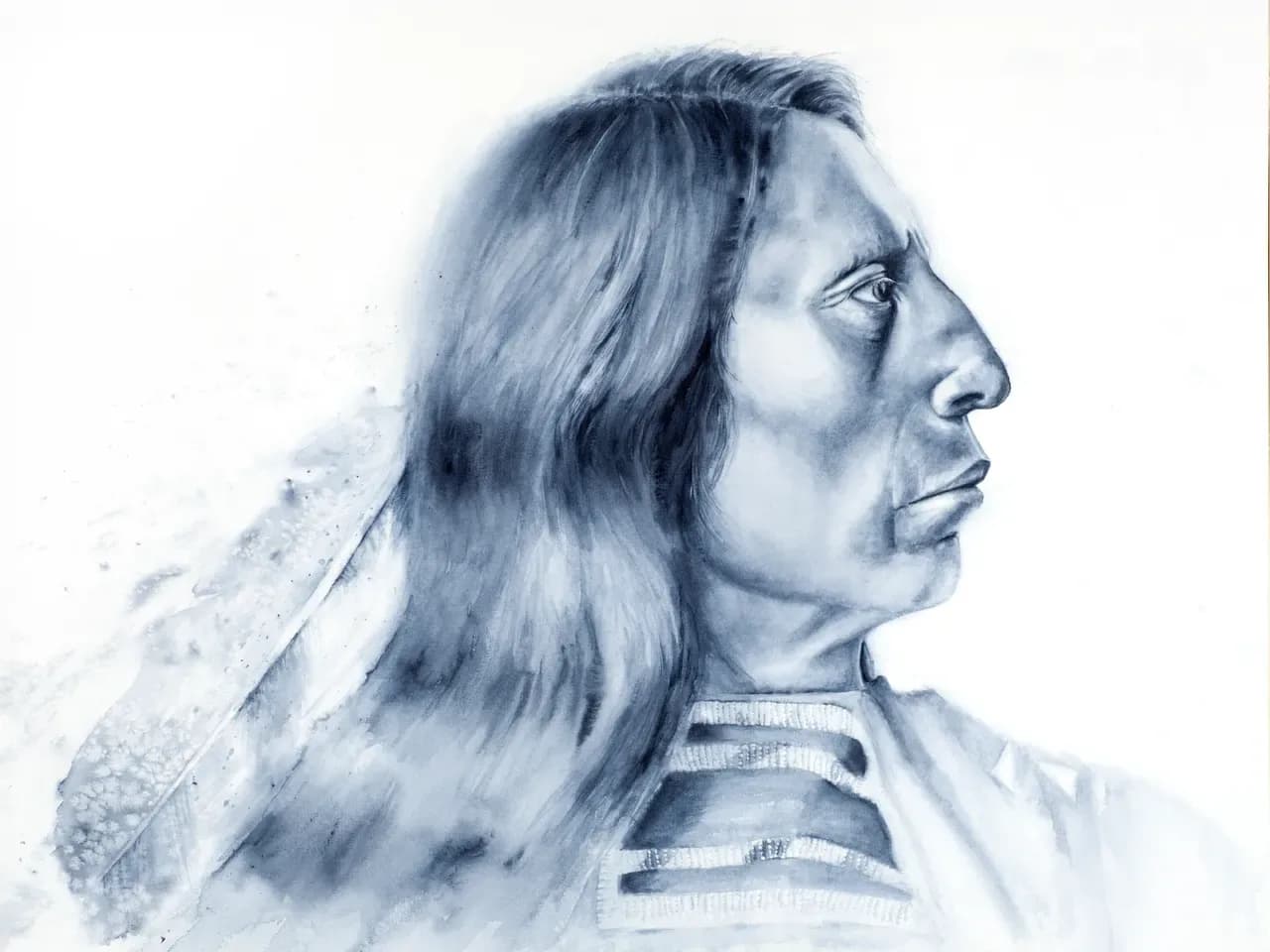 Profile portrait of a figure with long hair rendered in blue-grey ink wash.