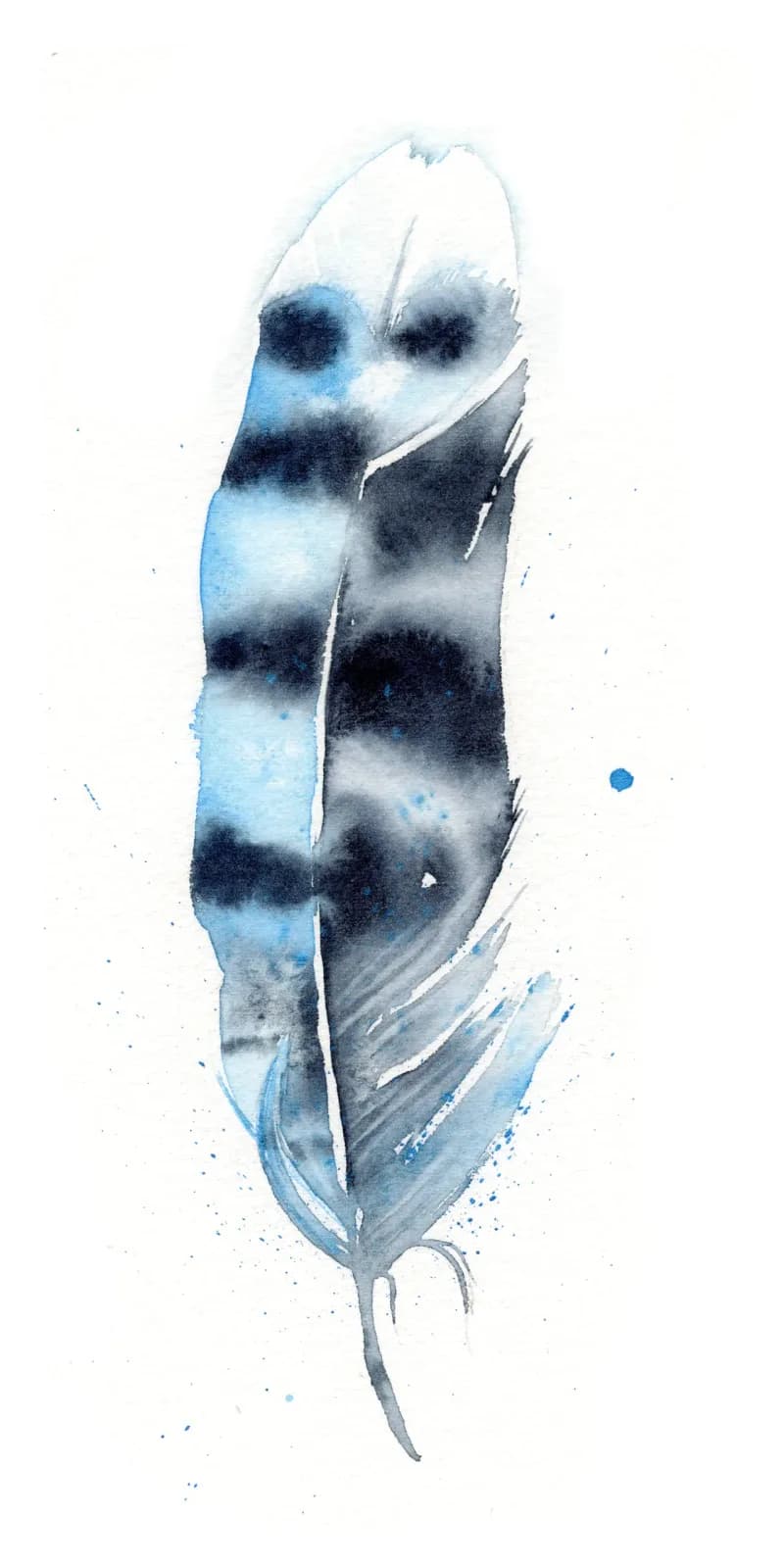 A single feather rendered in watercolor with soft blue, gray, and white tones and detailed vein work.