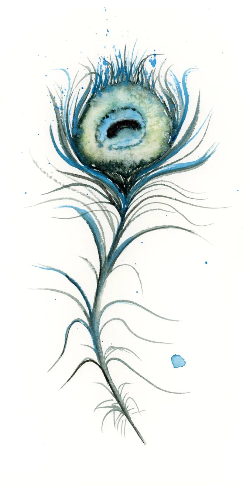 A stylized flower with a peacock-eye bloom rendered in blue, gray, and opal watercolor washes.