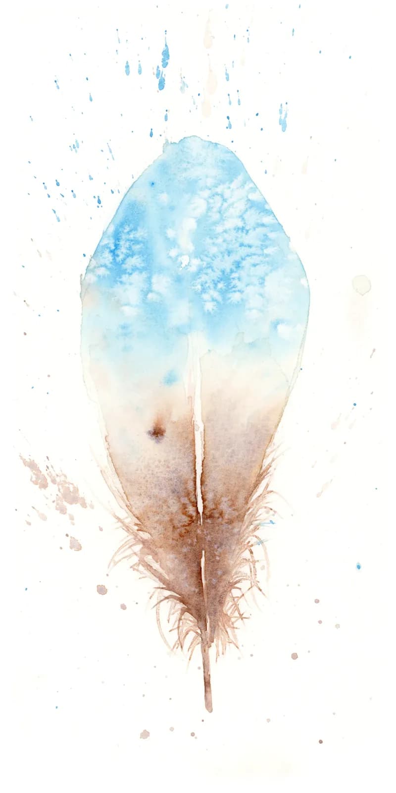 A feather rendered in watercolor with a sky-blue upper half and earth-toned lower half.