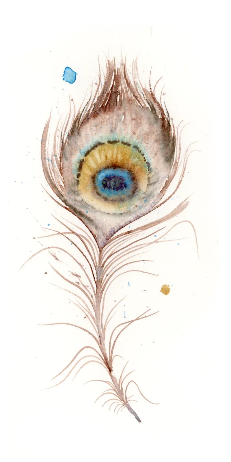 A peacock feather rendered in watercolor with soft husk and blue tones, delicately detailed with organic linework.