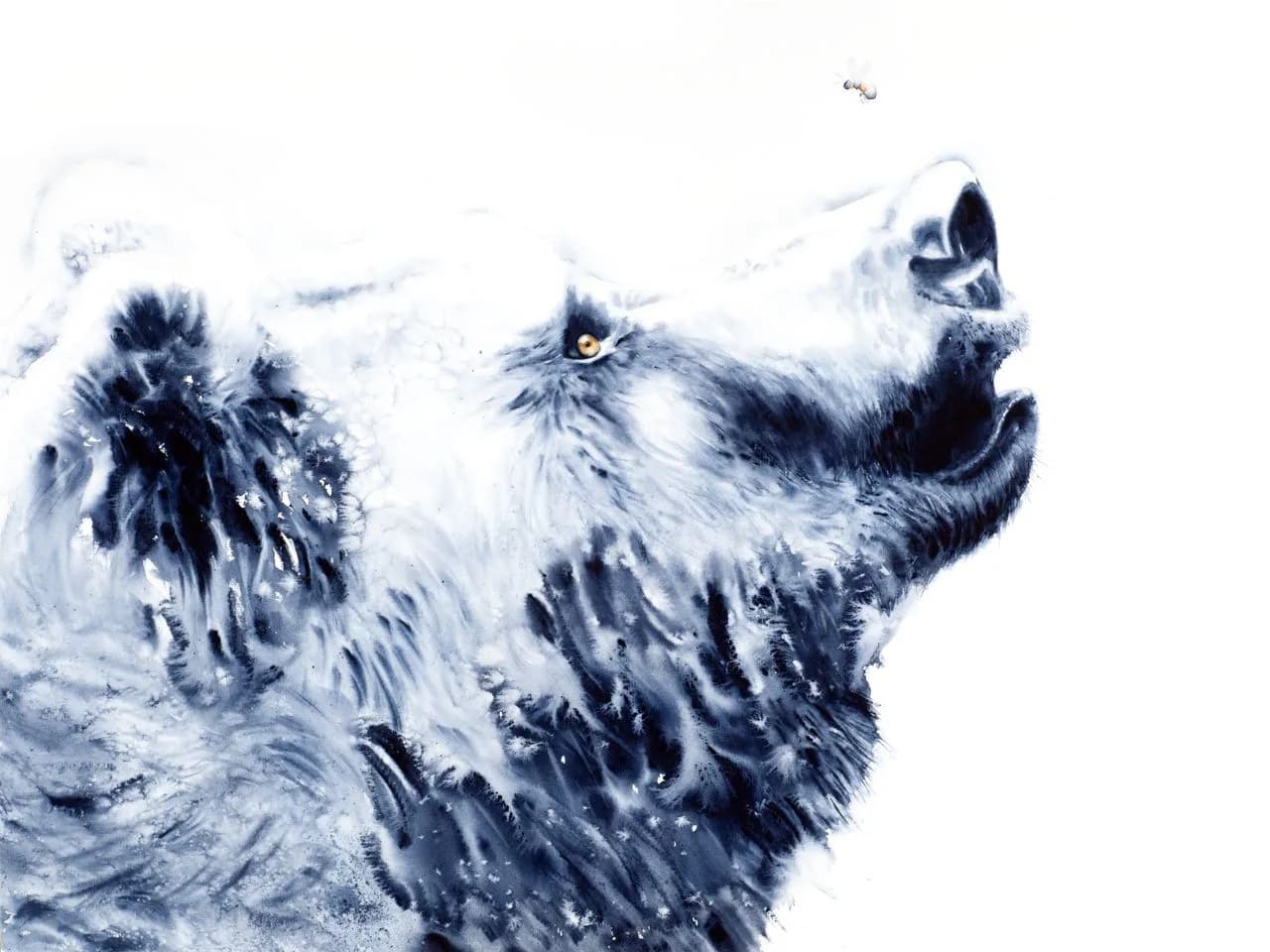 A wolf throws its head back in a snowy landscape, rendered in acrylic with blue and white tones.