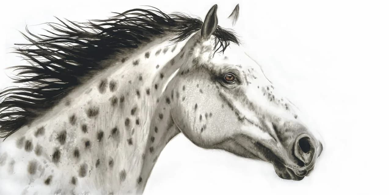 Detailed pencil portrait of a spotted horse in profile, rendered with photorealistic precision and expression.