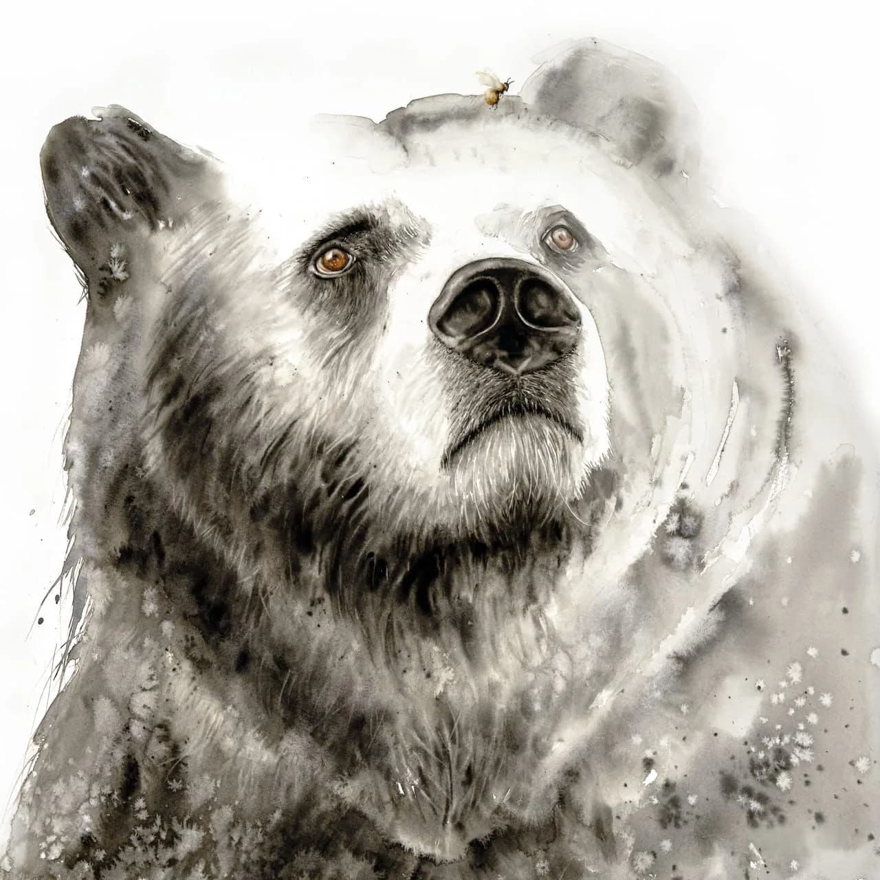 A polar bear portrait in watercolor, rendered in alabaster and mist gray with amber eyes and expressive detail.