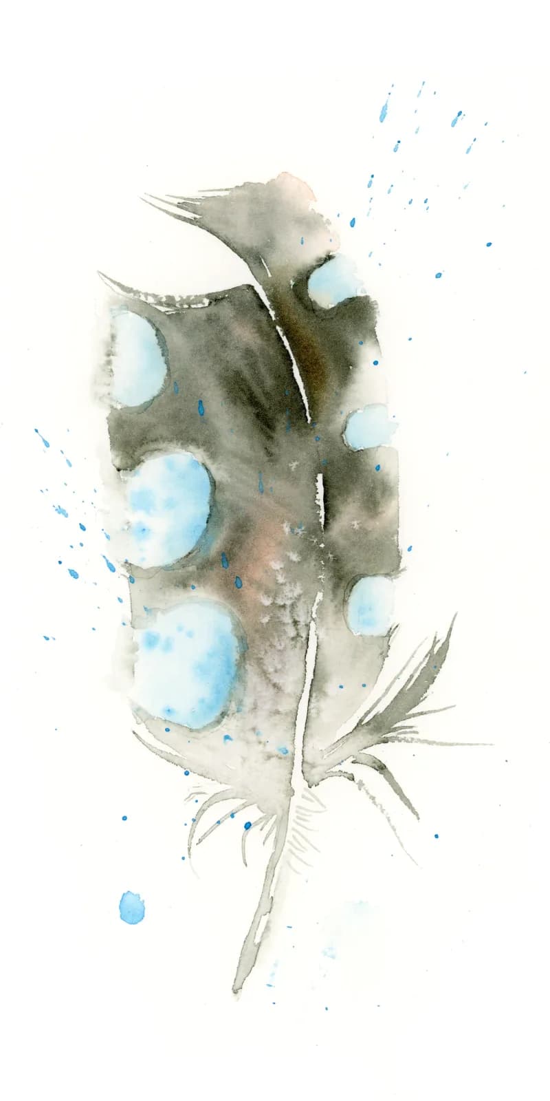 Abstract watercolor composition with organic forms, celeste accents, and gray-olive washes with scattered blue splatter marks.