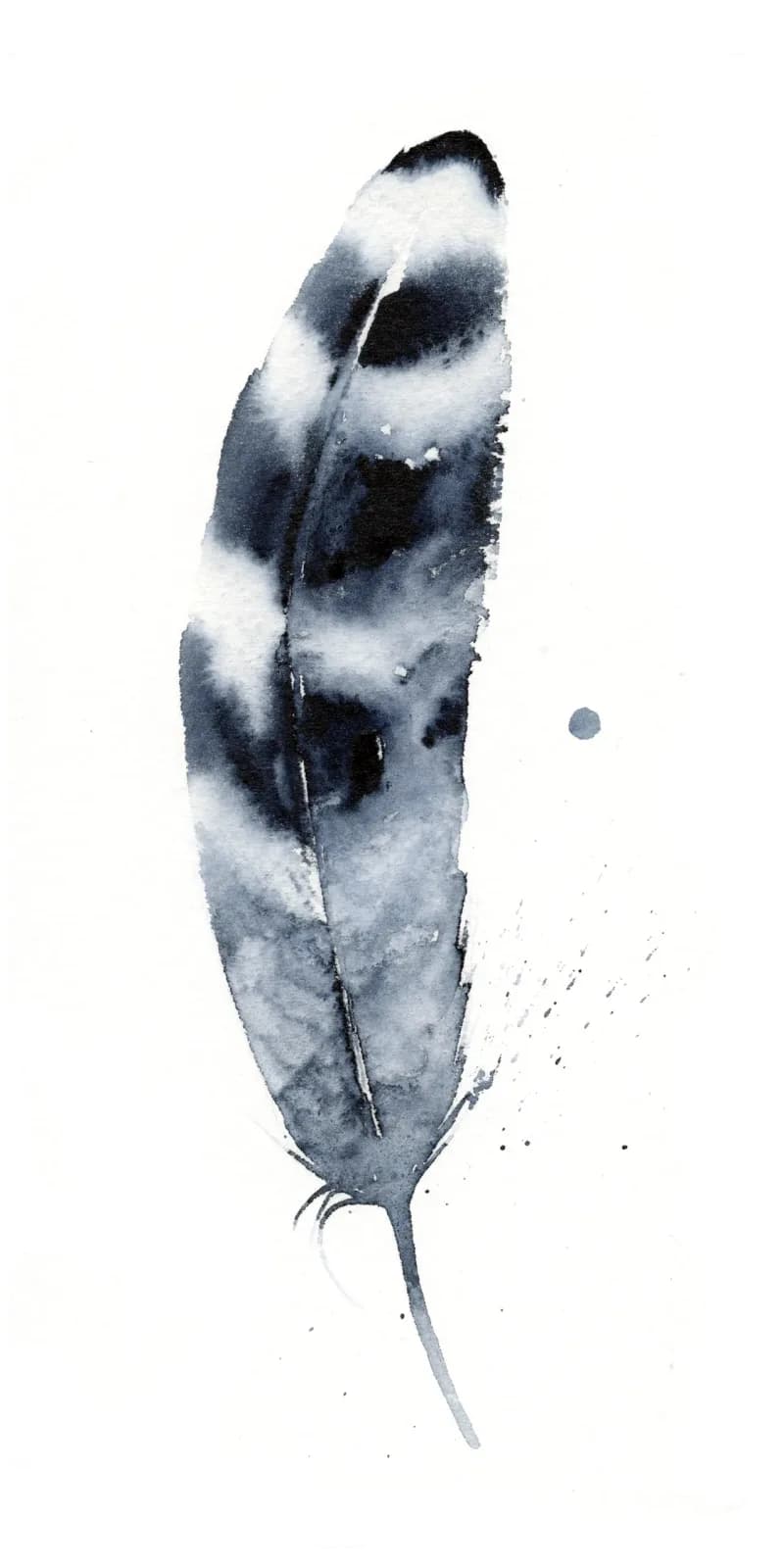 A single feather rendered in monochromatic watercolor with slate gray and white tones.
