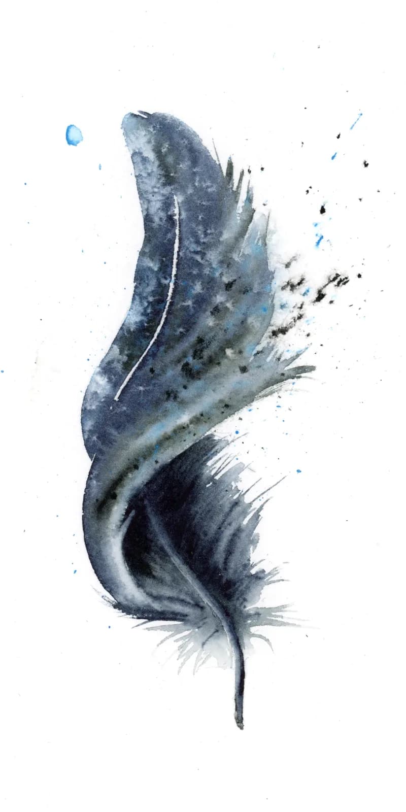 A blue feather rendered in watercolor with dispersed pigment and flowing organic forms.