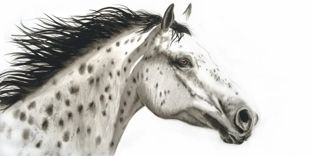 Spotted horse portrait rendered in graphite pencil with naturalistic detail and flowing mane.