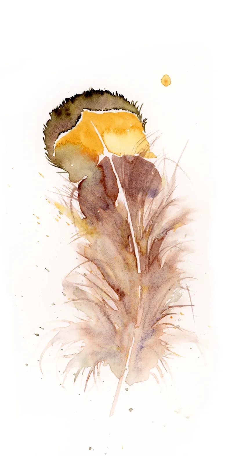 A dried wildflower with yellow bloom rendered in soft watercolor, tan and leather tones.