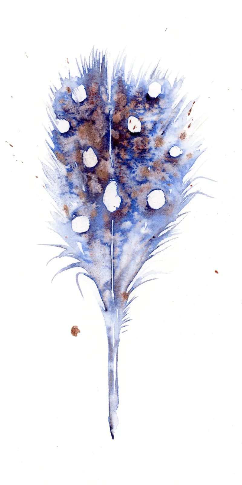 Watercolor painting of an abstracted dried flower with white circular voids and blue-to-brown color wash.