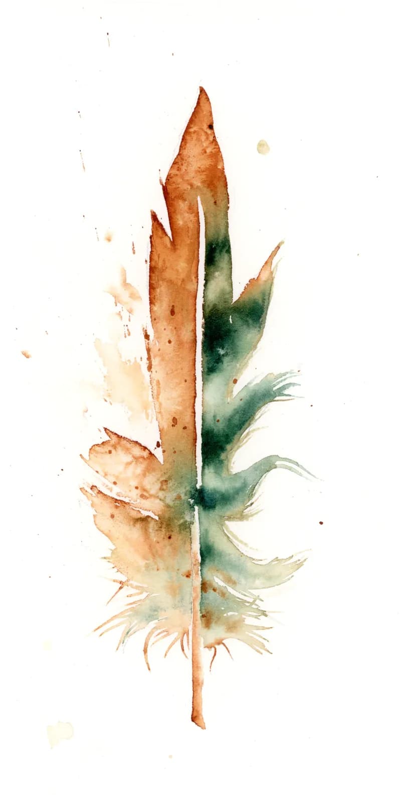 A stylized seed pod or dried plant rendered in warm brandy and soft green watercolor washes with loose organic splashes.