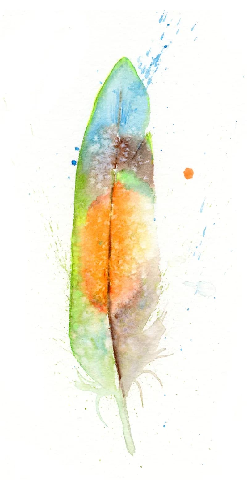 A delicate feather rendered in watercolor with layered hues of beryl green, powder blue, yellow orange, and ochre.